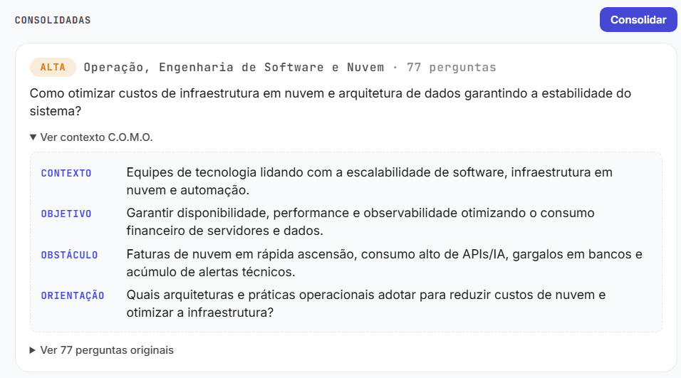 Card de um tema consolidado, expandido, mostrando contexto, objetivo, obstáculo e orientação